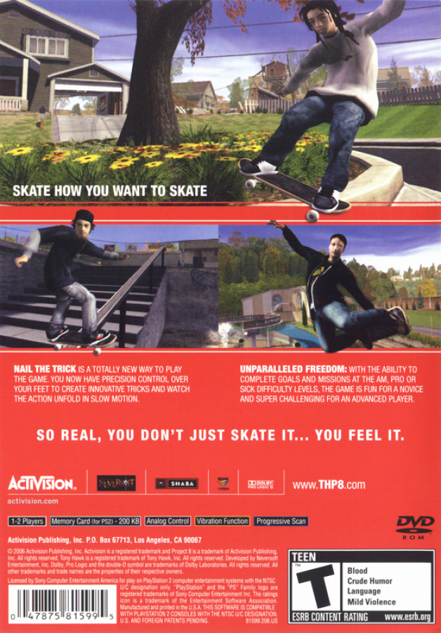 Tony Hawk's Project 8 – PlayStation 2 (PS2) video game back of case, skateboarding sports action.