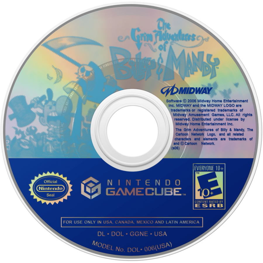 The Grim Adventures of Billy & Mandy disc art for GameCube (GC) game featuring cartoon-inspired action platformer gameplay based on the classic Cartoon Network series