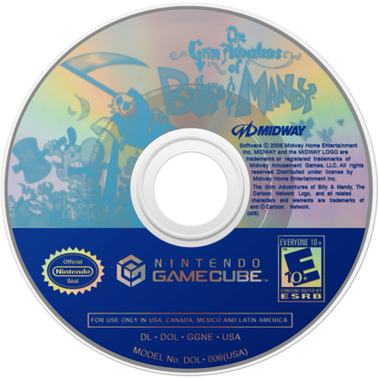 The Grim Adventures of Billy & Mandy disc art for GameCube (GC) game featuring cartoon-inspired action platformer gameplay based on the classic Cartoon Network series