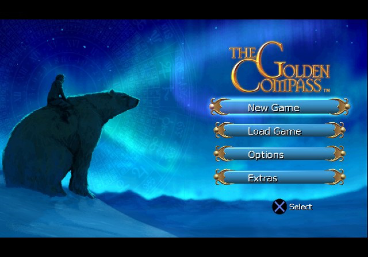 The Golden Compass – PlayStation 2 (PS2) video game title screen, action-adventure fantasy.