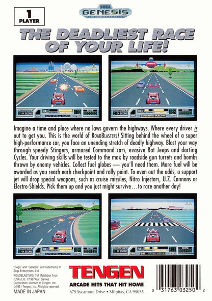 RoadBlasters back cover art for Sega Genesis (GEN) video game