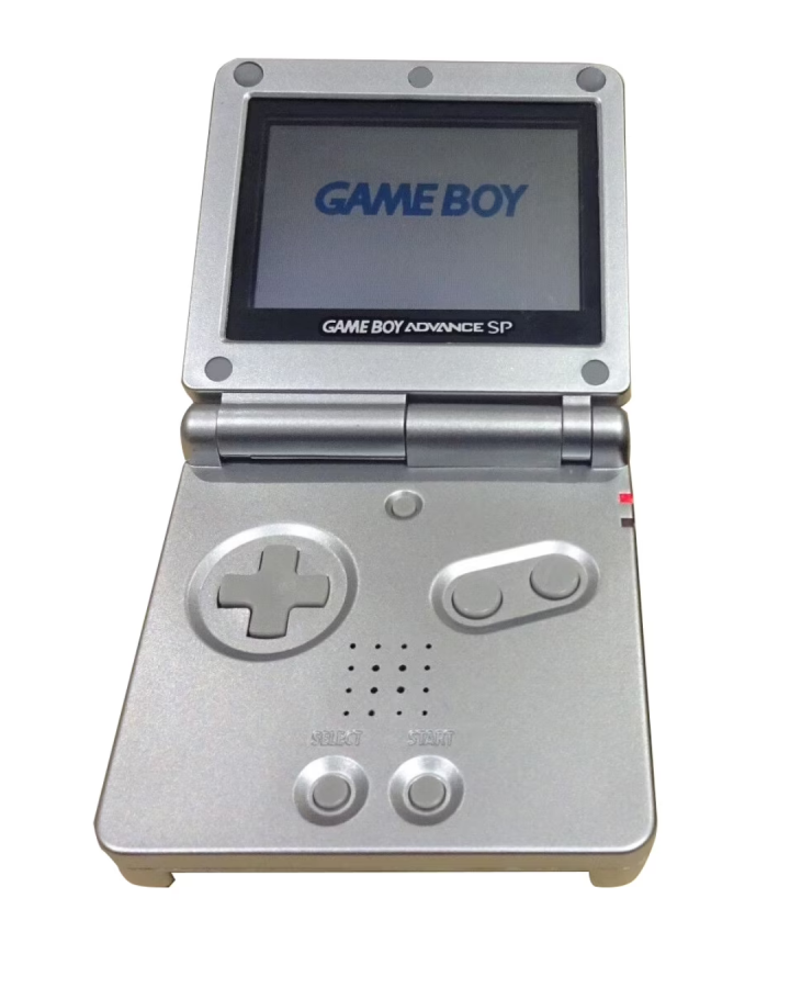 Game Boy Advance SP Platinum handheld gaming console.