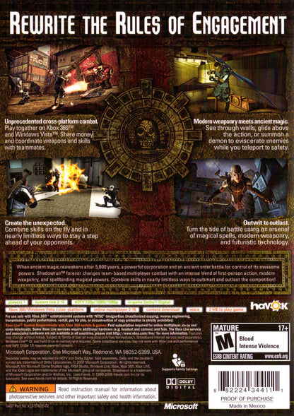 Shadowrun for Xbox 360 first person shooter video game featuring cyberpunk fantasy setting team based multiplayer magic and technology combat and unique cross platform gameplay experience back cover art