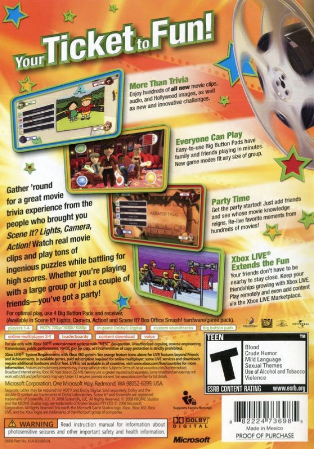 Scene It? Box Office Smash back of case for Xbox 360 (X360) movie trivia party video game