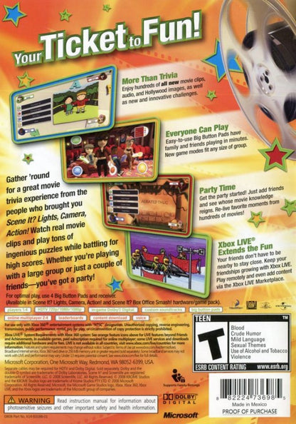 Scene It? Box Office Smash back of case for Xbox 360 (X360) movie trivia party video game
