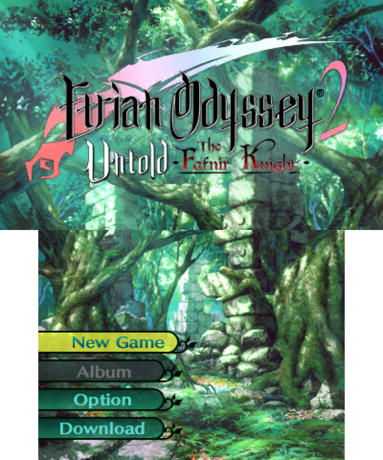 Etrian Odyssey 2 Untold The Fafnir Knight Nintendo 3DS video game featuring dungeon crawling role playing gameplay first person exploration party customization turn based combat map making character classes skill progression and classic Nintendo 3DS gameplay retro video game collection collectible gaming appeal start screen
