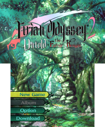 Etrian Odyssey 2 Untold The Fafnir Knight Nintendo 3DS video game featuring dungeon crawling role playing gameplay first person exploration party customization turn based combat map making character classes skill progression and classic Nintendo 3DS gameplay retro video game collection collectible gaming appeal start screen