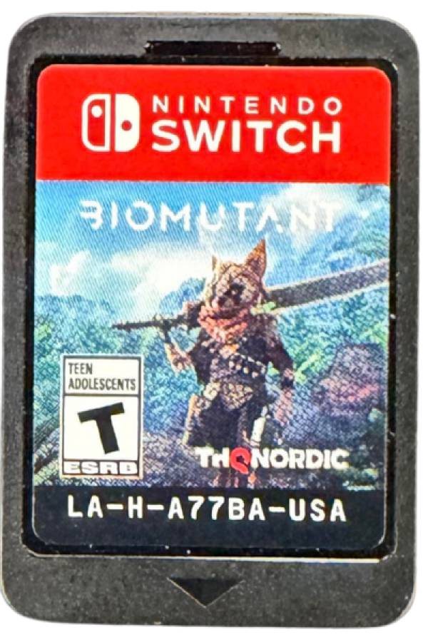 Biomutant Nintendo Switch inspired design featuring open world action role playing adventure aesthetic mutated animal hero martial arts combat customizable weapons post apocalyptic landscapes vibrant exploration and survival gameplay presentation cartridge
