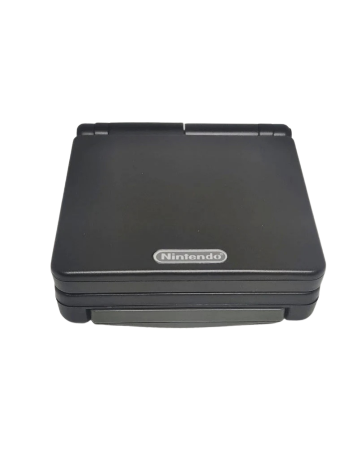 Black Game Boy Advance SP AGS-001 handheld console featuring foldable clamshell design frontlit screen rechargeable battery compact portable form factor backward compatibility with Game Boy and Game Boy Color cartridges and classic Nintendo handheld gaming system in sleek black finish 
