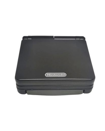 Black Game Boy Advance SP AGS-001 handheld console featuring foldable clamshell design frontlit screen rechargeable battery compact portable form factor backward compatibility with Game Boy and Game Boy Color cartridges and classic Nintendo handheld gaming system in sleek black finish 