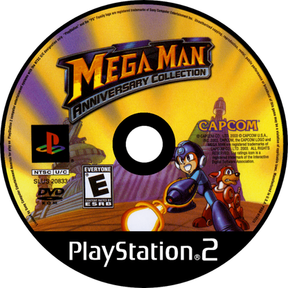 Mega Man Anniversary Collection PlayStation 2 (PS2) disc art showing classic characters and bold retro graphics.