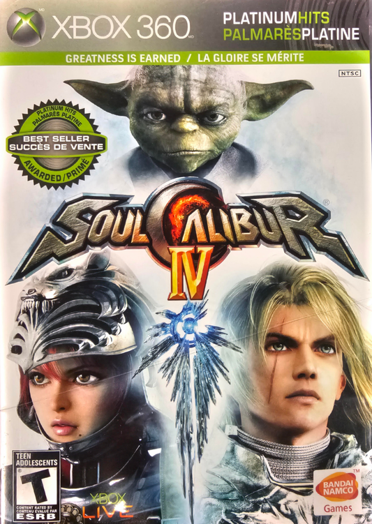 Soulcalibur IV Platinum Hits Xbox 360 video game featuring 3D fighting gameplay iconic warriors weapon based combat arcade action character battles special attacks and competitive gameplay Xbox 360 retro video game collection collectible gaming appeal front cover art