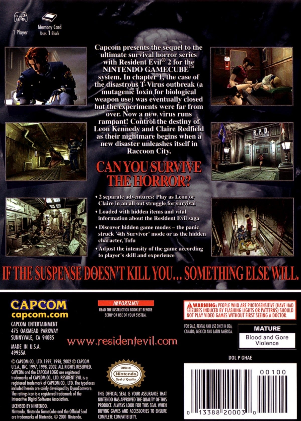 Resident Evil 2 for Nintendo GameCube survival horror game featuring Leon S Kennedy and Claire Redfield zombie outbreak Raccoon City puzzles action gameplay back cover 