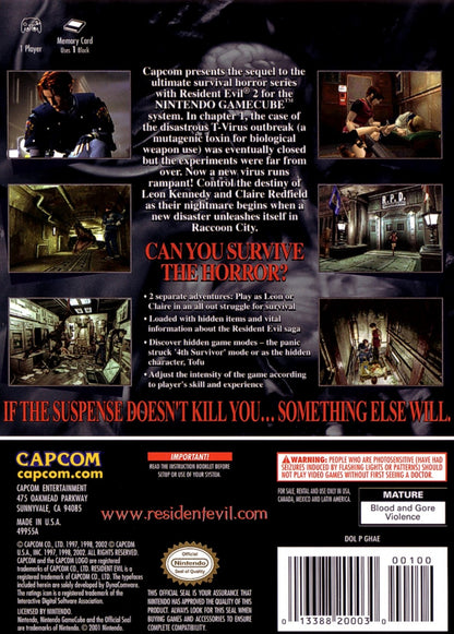 Resident Evil 2 for Nintendo GameCube survival horror game featuring Leon S Kennedy and Claire Redfield zombie outbreak Raccoon City puzzles action gameplay back cover 