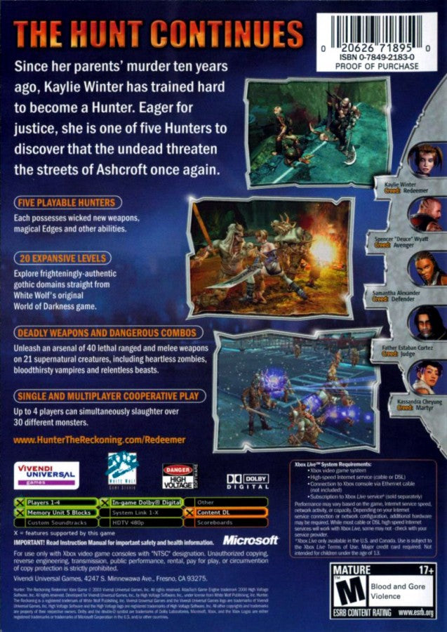 Hunter The Reckoning Redeemer retro Xbox video game Hunter The Reckoning dark fantasy action horror cooperative combat monster hunting hack and slash supernatural adventure console title Xbox release back of case