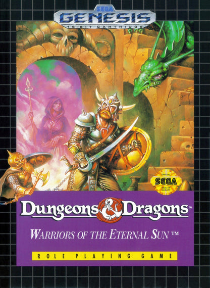 Dungeons and Dragons Warriors of the Eternal Sun Sega Genesis GEN for retro video game enthusiasts featuring classic role playing gameplay fantasy adventure turn based inspired combat dungeon exploration character progression epic quests and collectible gaming appeal front art 