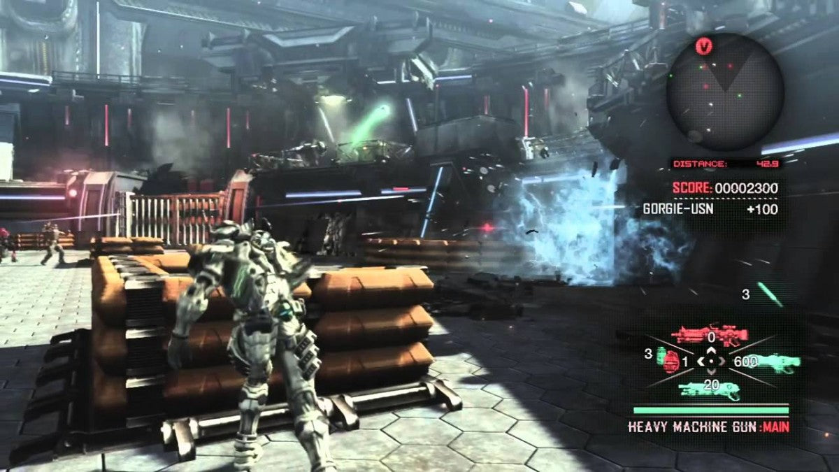 Retro Vanquish Xbox 360 inspired design featuring high speed sci fi third person shooter aesthetic vintage HD era futuristic powered armor sliding combat bullet time action explosive robot warfare sleek industrial sci fi battlefield nostalgic PlatinumGames presentation gameplay