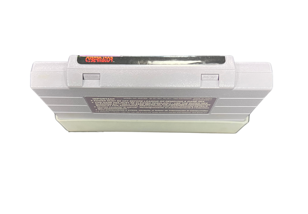 Cybernator Super Nintendo Entertainment System SNES for retro video game enthusiasts featuring side scrolling mech action gameplay futuristic combat powerful weapons challenging enemy forces explosive battles classic 16 bit action and collectible gaming appeal top cartidge art