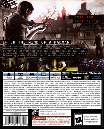 The Evil Within – PlayStation 4 (PS4) video game back of case, survival horror