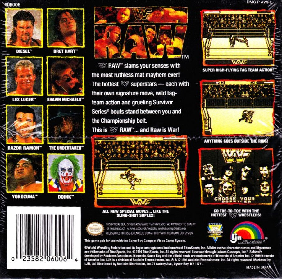 WWF RAW Game Boy video game, professional wrestling action, handheld sports fighting gameplay, classic WWF title back cover art