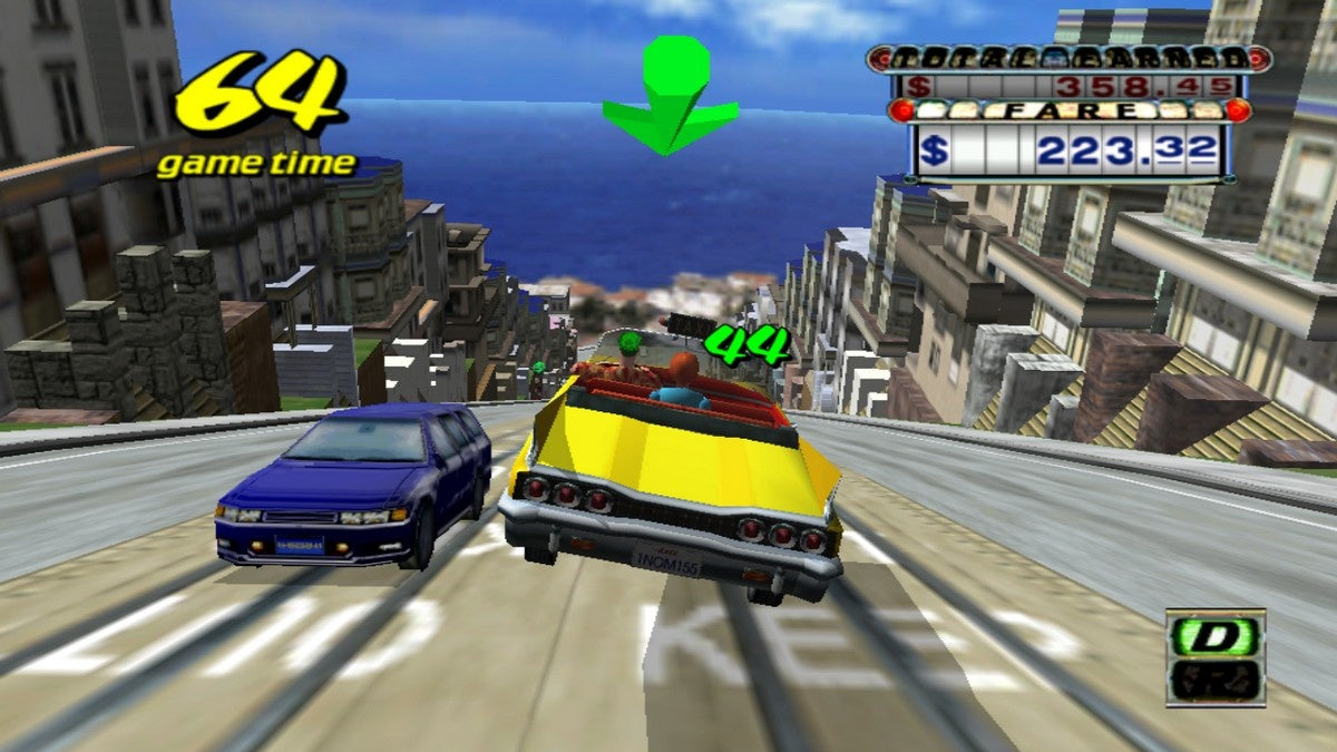 Crazy Taxi PlayStation 2 arcade-style driving video game Sega fast-paced passenger delivery open-world city environment licensed punk alternative soundtrack insane stunts time-based scoring Crazy Box challenge modes original arcade port gameplay screenshot