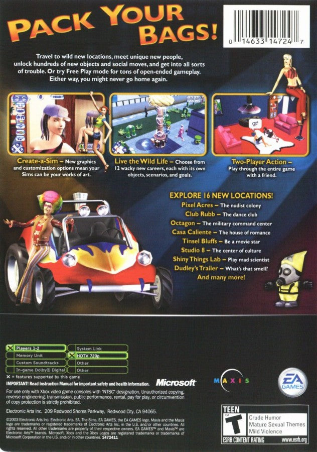The Sims: Bustin' Out for original Xbox life simulation game featuring career progression open neighborhood exploration character customization social interactions story mode gameplay back cover 
