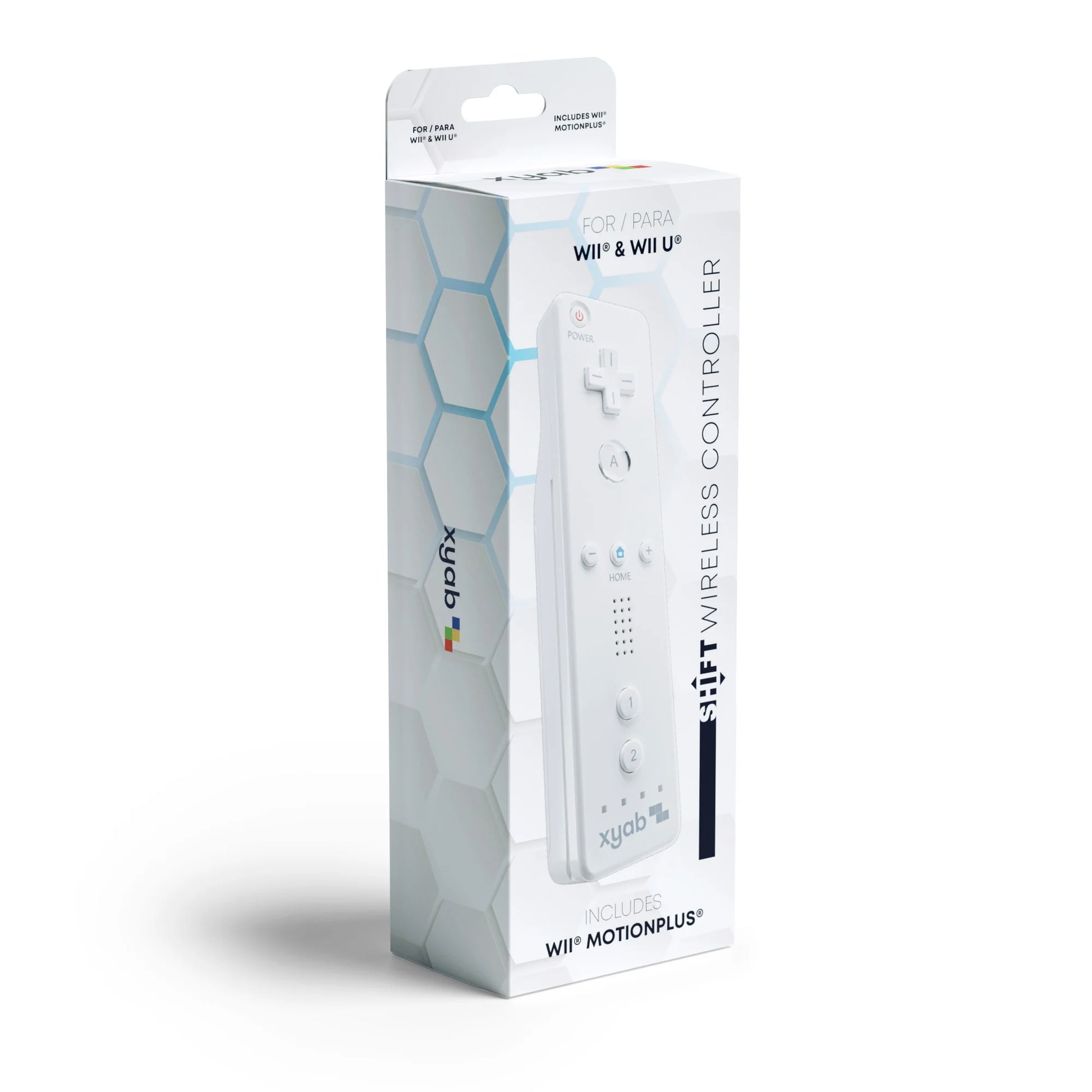 White XYAB brand Wii Remote with built-in Motion Plus controller compatible with Nintendo Wii