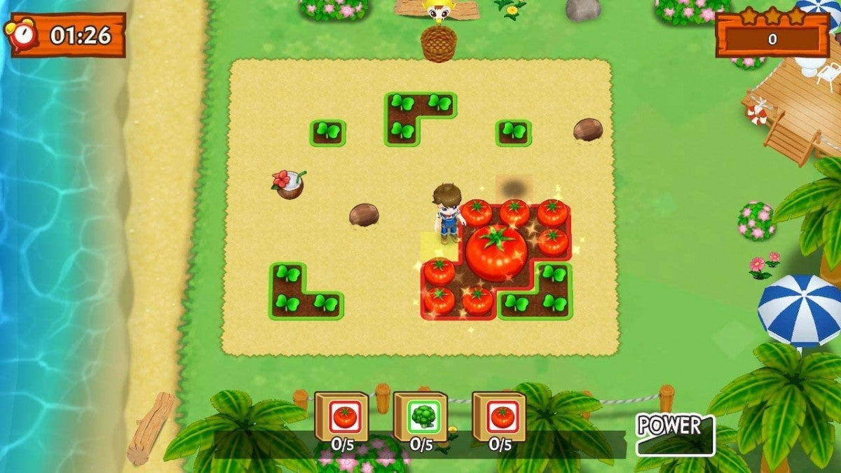 Harvest Moon: Mad Dash for PlayStation 4 (PS4) featuring a fast-paced, arcade-style farming puzzle game where you must harvest, fish, and milk cows under pressure; navigate chaotic levels solo or with friends in local co-op as you race to restore a broken lighthouse in this frantic spin-off of the classic simulation series gameplay screenshot