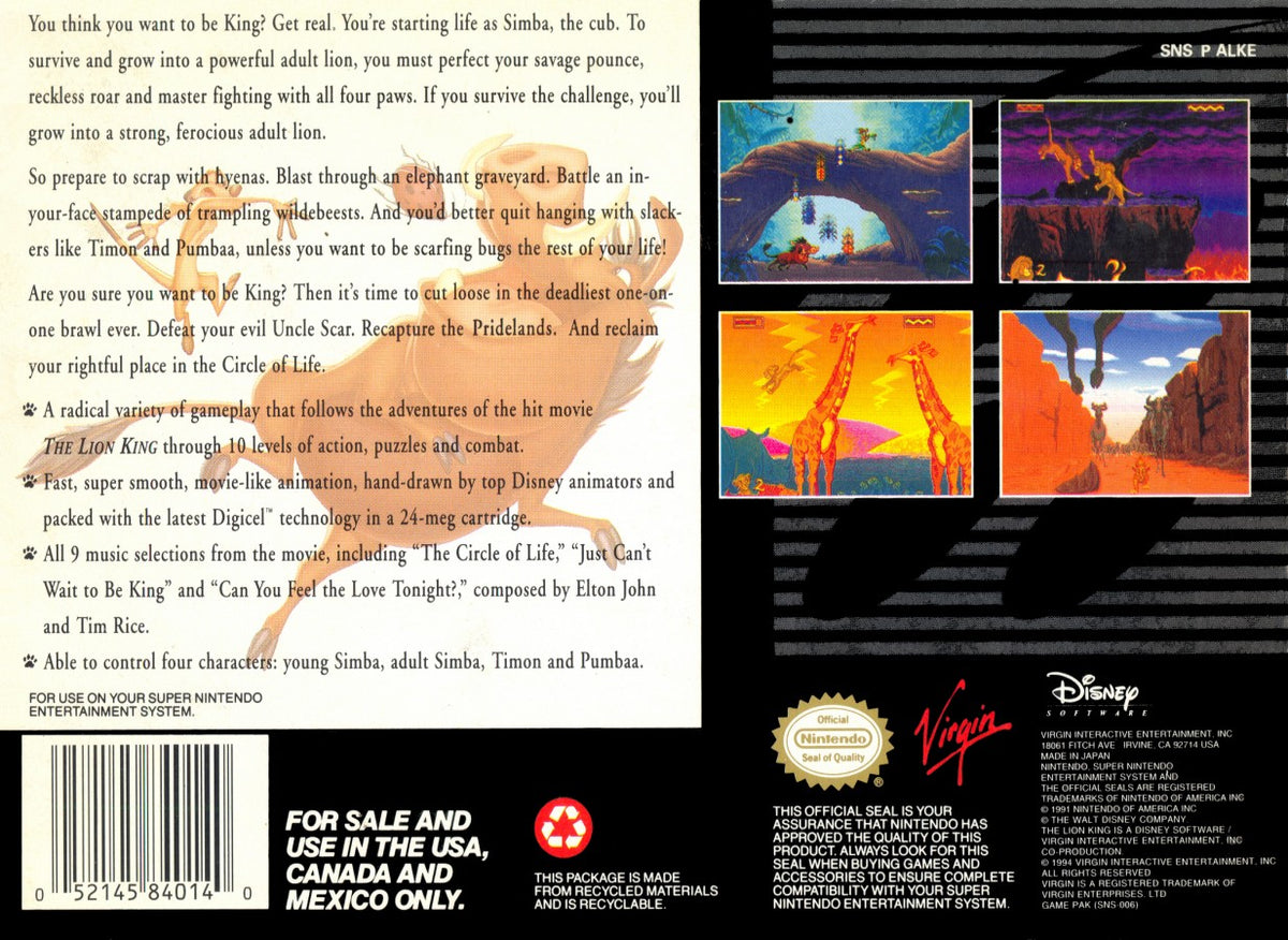 Disney's The Lion King Super Nintendo Entertainment System SNES video game featuring action platforming gameplay Simba adventure Pride Lands exploration enemy encounters obstacle courses power ups challenging stages and classic 16 bit Nintendo gameplay retro video game collection collectible gaming appeal back cover art