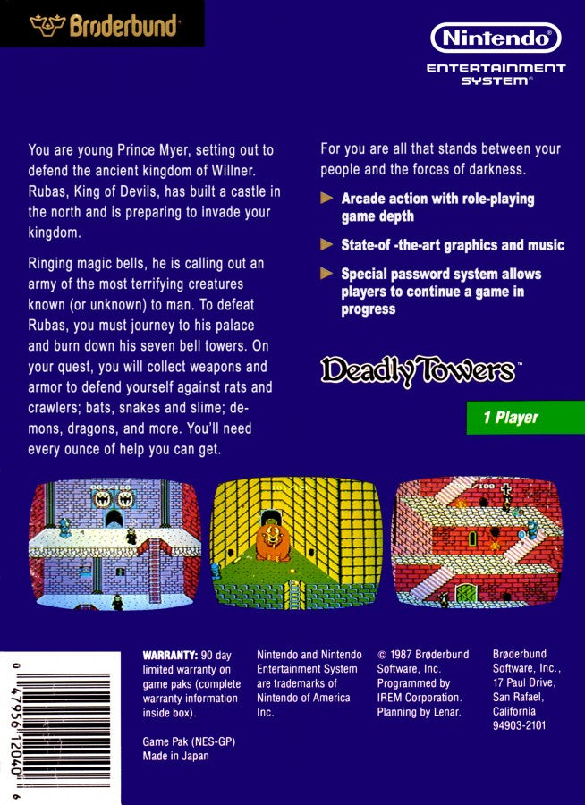 Deadly Towers retro NES video game Deadly Towers fantasy action adventure dungeon exploration sword combat classic RPG gameplay console title Nintendo Entertainment System release back of case