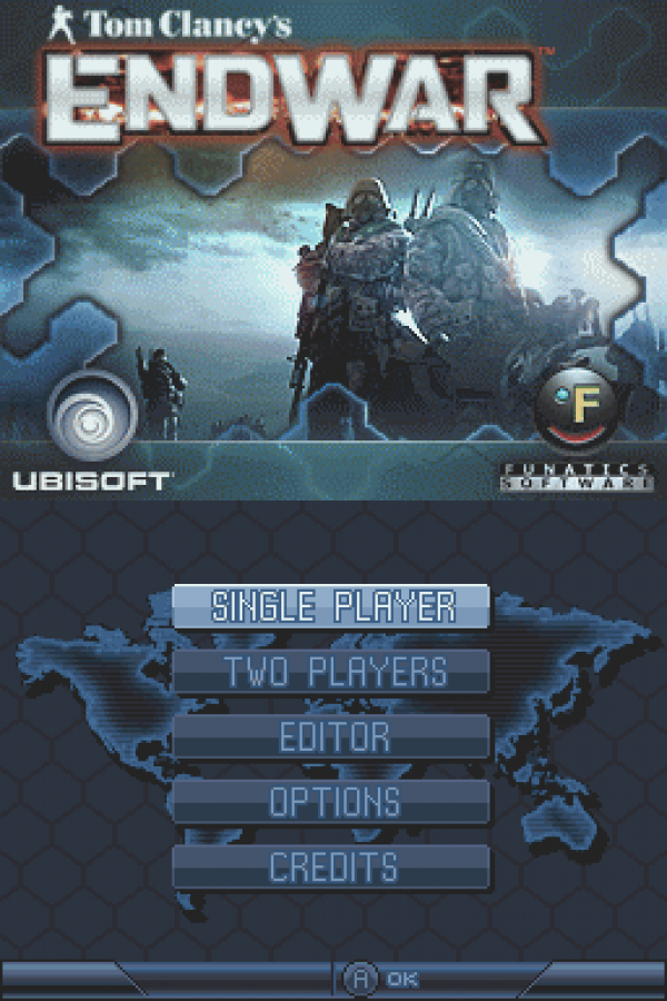 Tom Clancy's EndWar start screen for Nintendo DS (DS) real-time tactics video game