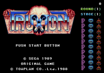 Truxton Sega Genesis GEN video game featuring vertical scrolling shoot em up gameplay spaceship combat enemy waves power ups intense boss battles challenging stages rapid fire action and classic 16 bit Sega gameplay retro video game collection collectible gaming appeal gameplay