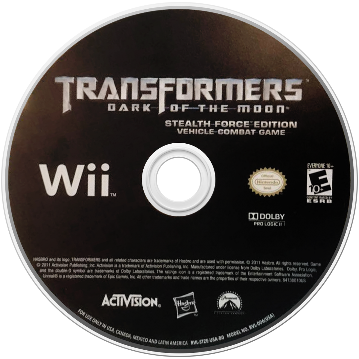 Transformers: Dark of the Moon disc art for Nintendo Wii (Wii) featuring action battles with Autobots and Decepticons in missions tied to the film storyline