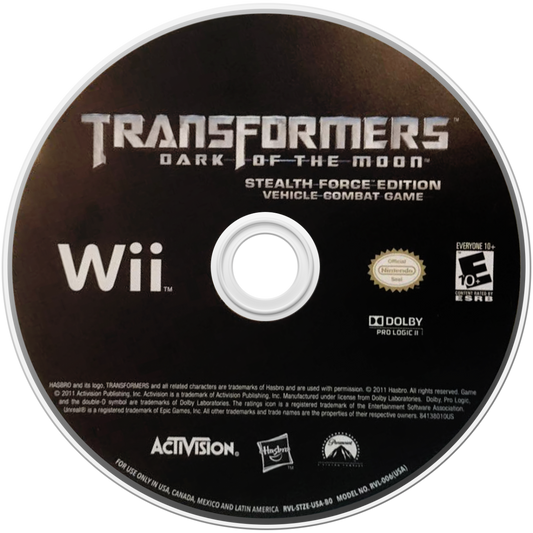 Transformers: Dark of the Moon disc art for Nintendo Wii (Wii) featuring action battles with Autobots and Decepticons in missions tied to the film storyline