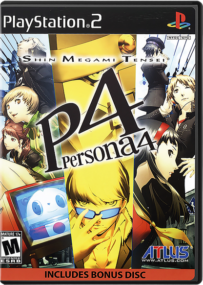 Shin Megami Tensei: Persona 4 [Includes Bonus Disc] – PlayStation 2 (PS2) video game cover image, Japanese role-playing game (JRPG).