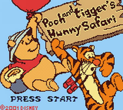 Disney’s Pooh and Tigger’s Hunny Safari for Game Boy Color, title screen for an educational adventure video game with mini-games, exploration, puzzle-solving, and family-friendly gameplay