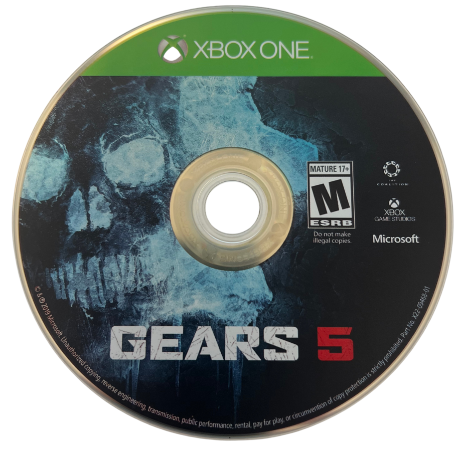 Gears 5 for Xbox One, disc image for a third-person shooter action sci-fi video game