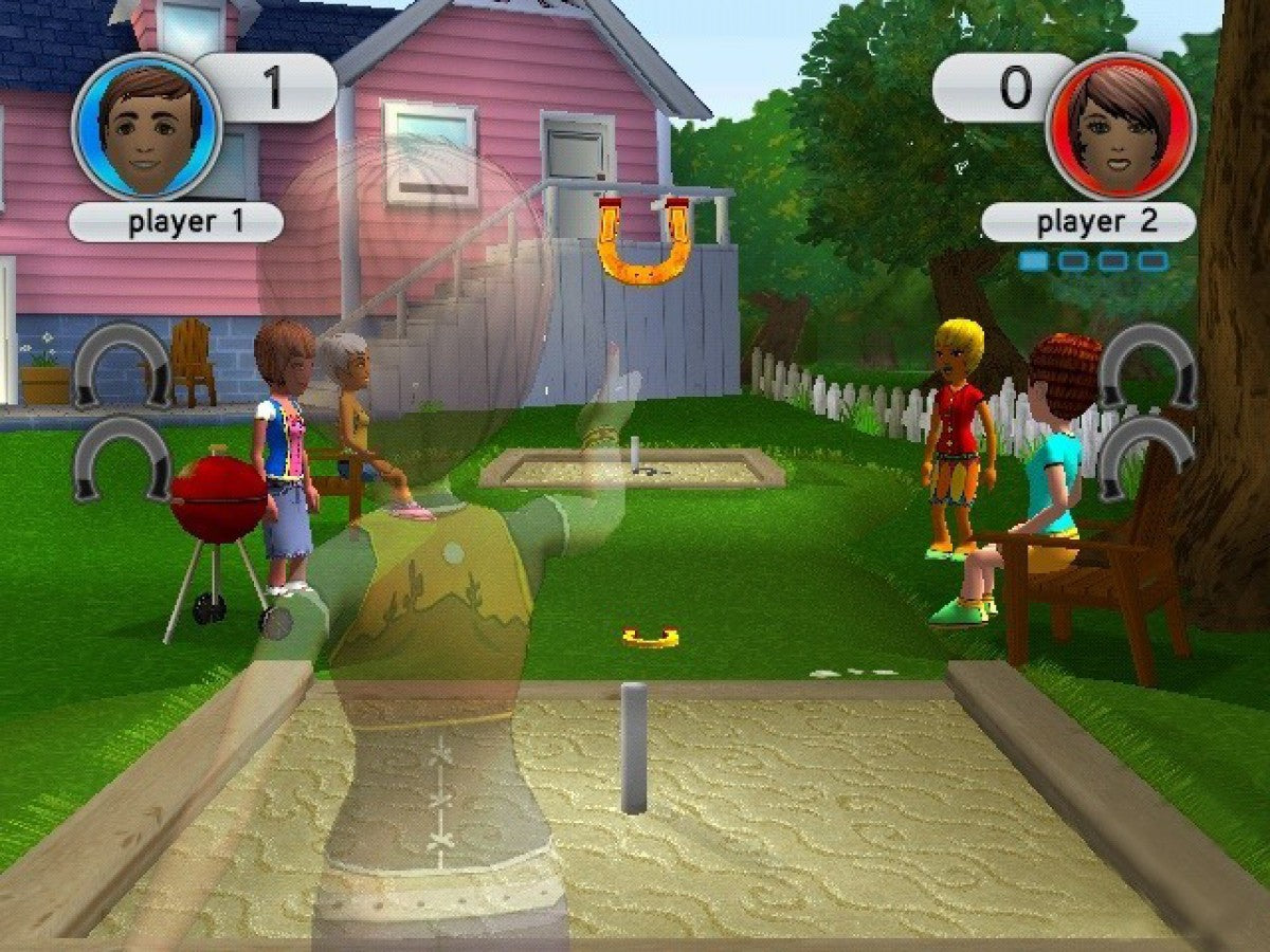 Game Party 2 game for the Nintendo Wii featuring party style mini games including darts hoop shoot horseshoes and bean bag toss with motion controls multiplayer modes and a variety of casual arcade and backyard style activities for up to four players
 gameplay
