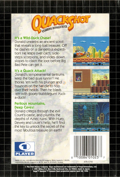 QuackShot Starring Donald Duck Sega Genesis GEN video game featuring action platforming gameplay Donald Duck treasure hunting adventure globe trotting exploration exotic locations puzzle solving plungers as weapons hidden treasures enemy encounters colorful Disney characters and classic 16 bit Sega gameplay retro video game collection collectible gaming appeal back cover art