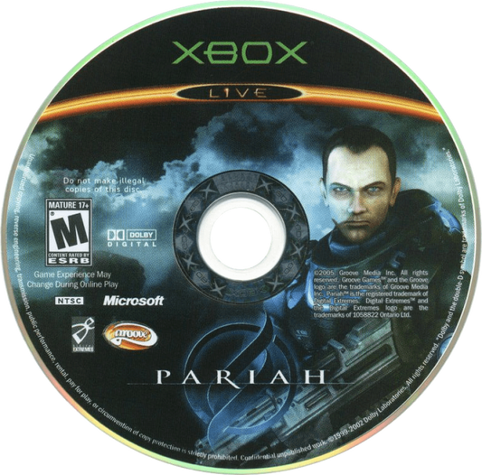 Pariah retro Xbox video game Pariah sci fi first person shooter futuristic combat story driven FPS multiplayer action shooter console title Xbox release disc