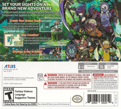 Etrian Odyssey V Beyond the Myth Nintendo 3DS video game featuring dungeon crawling role playing gameplay first person exploration party customization turn based combat map making character classes skill progression and classic Nintendo 3DS gameplay retro video game collection collectible gaming appeal back cover art