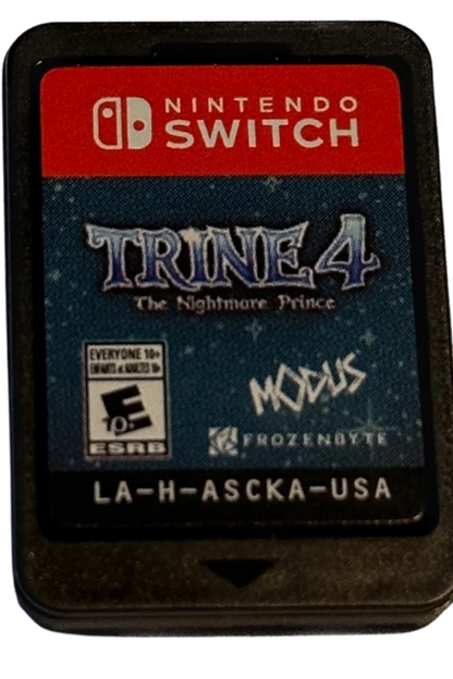 Trine 4 Nintendo Switch inspired design featuring fantasy puzzle platform adventure aesthetic magical heroes cooperative gameplay enchanting worlds physics based challenges vibrant storybook environments whimsical action exploration presentation cartridge
