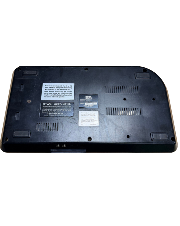 Bottom view of the Model 2 Sega Genesis console attached to the Model 2 Sega CD showing ventilation and screw details