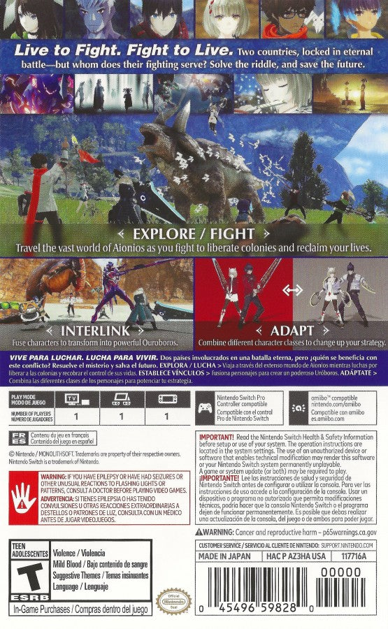 Xenoblade Chronicles 3 Nintendo Switch action RPG open world Noah Mio party fusion Ouroboros class changing combat epic story Monolith Soft back cover art