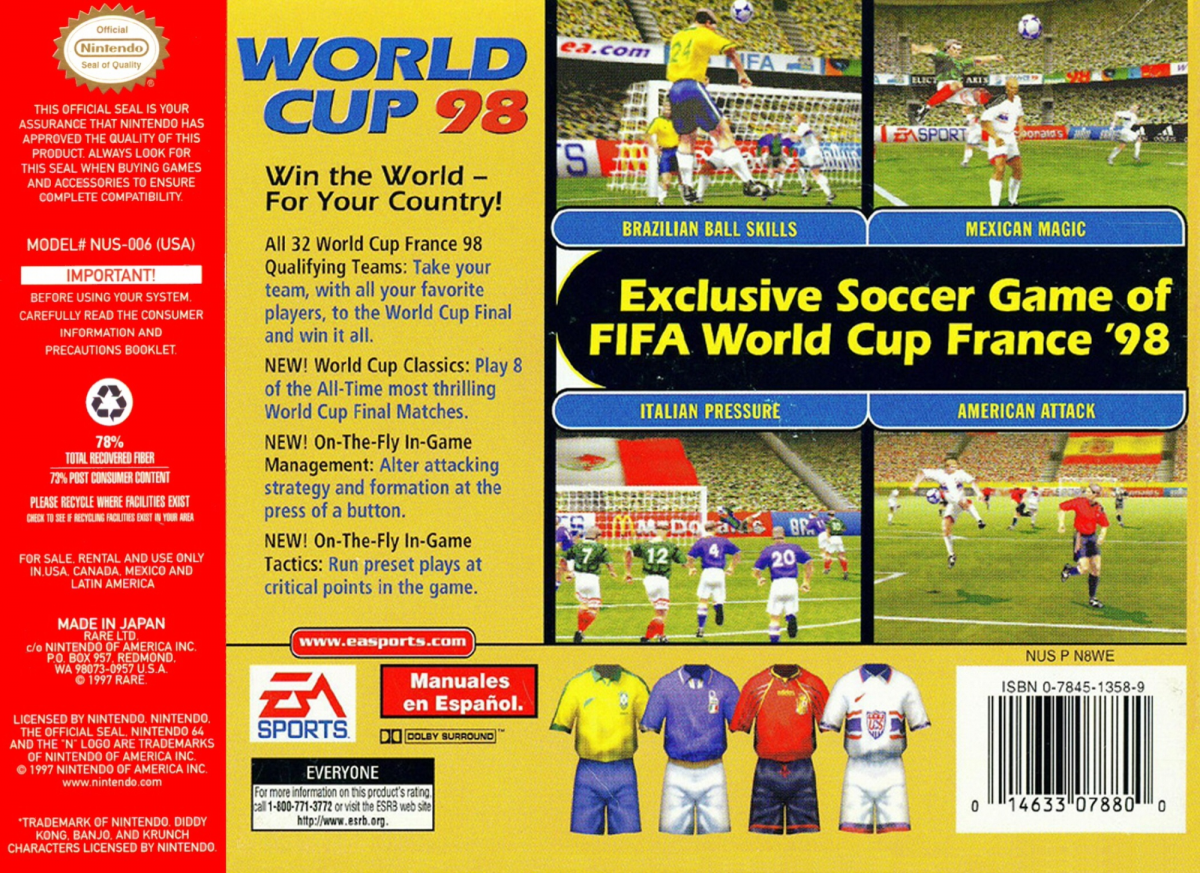 World Cup 98 back cover art for Nintendo 64 (N64) video game