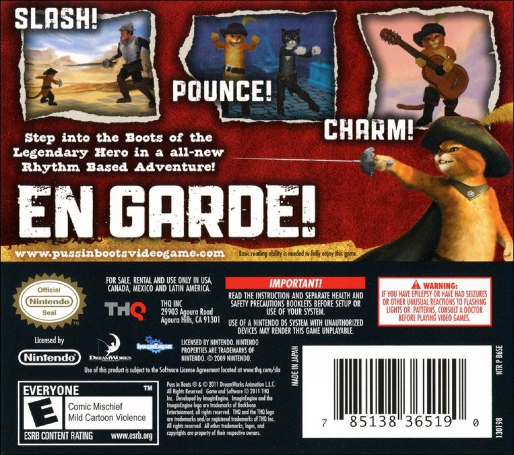 Puss in Boots back of case for Nintendo DS (DS) animated movie-based adventure video game