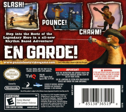Puss in Boots back of case for Nintendo DS (DS) animated movie-based adventure video game