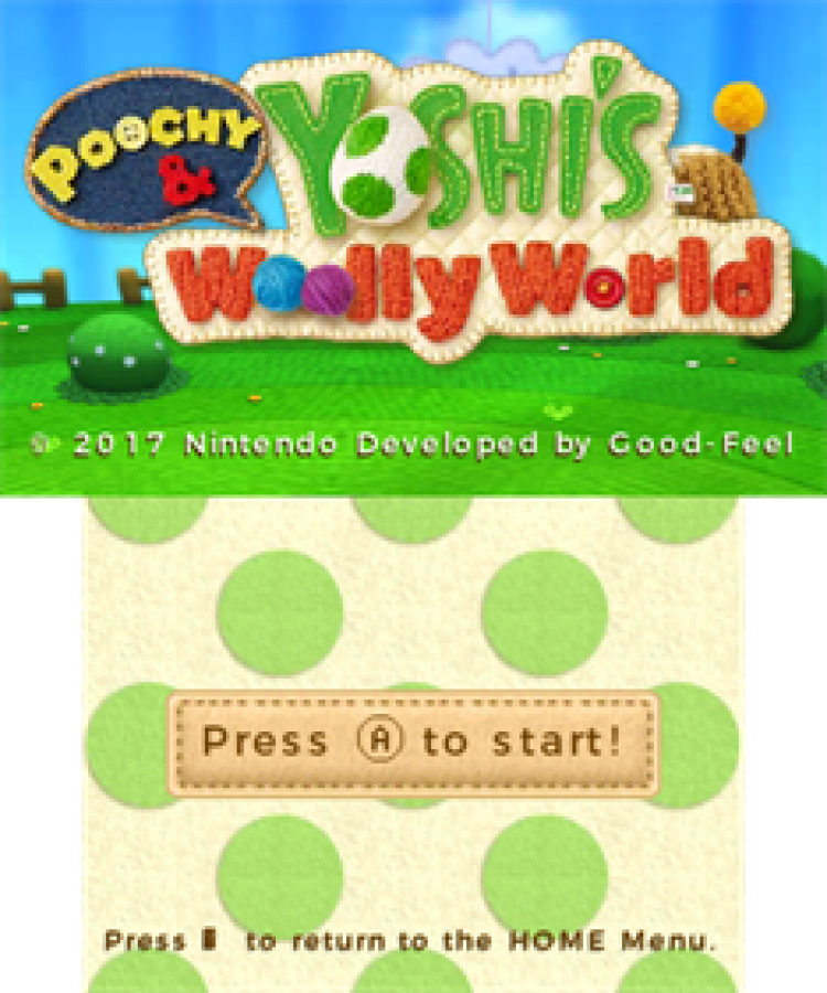 Poochy & Yoshi's Wooly World title screen for Nintendo 3DS (3DS) adventure video game