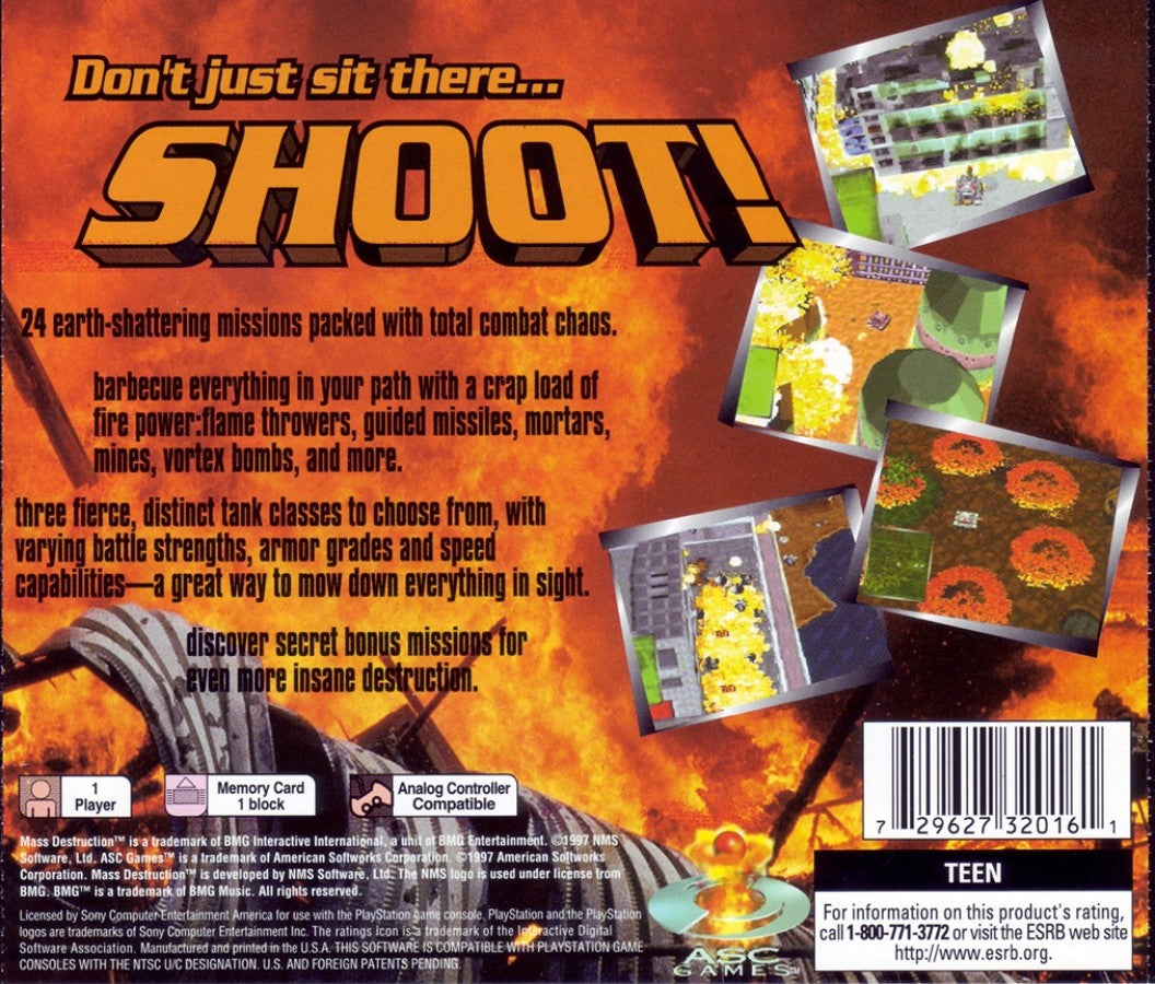 Mass Destruction game for the PlayStation featuring vehicular combat gameplay with tank based missions destructible environments objective driven levels and arcade style action across military themed battlefields back cover