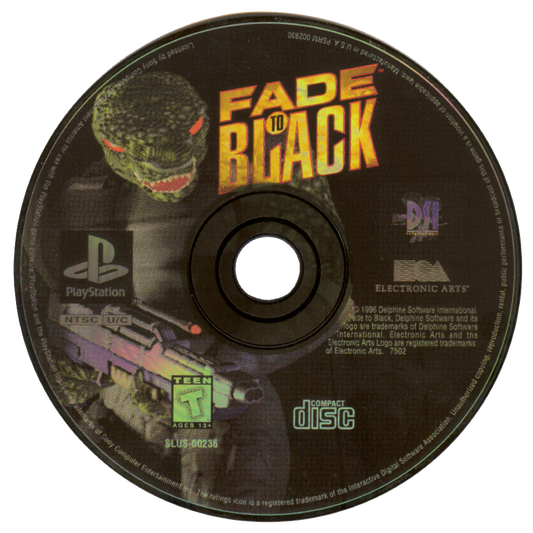 Fade to Black PlayStation PS1 for action adventure video game fans featuring third person sci fi gameplay futuristic exploration intense combat puzzle solving space environments cinematic storytelling platforming challenges and immersive cyberpunk adventure collectible gaming appeal game disc